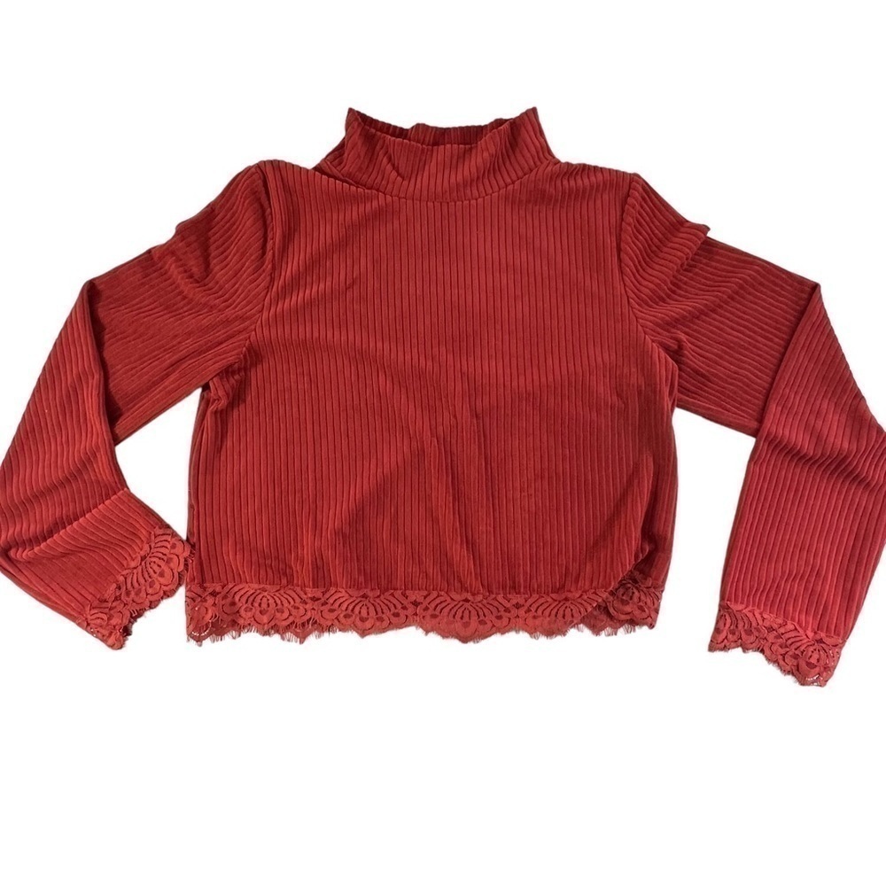 Chocolate Ribbed Lace Mock Neck Top Large - Picture 4 of 13
